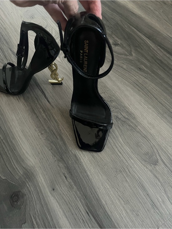 Saint Laurent Shoes - Saint Laurent Black Patent Sandals with Gold YSL Sculpted Heel